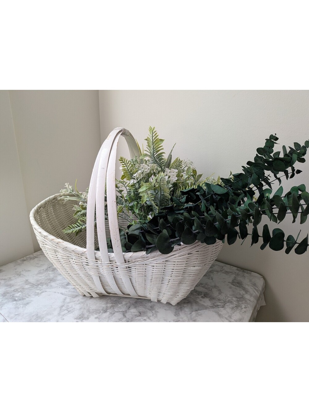 Vintage double-hooped arched handle white-washed basket picnic flower gathering